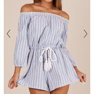 Showpo The Hidden Heart Playsuit off shoulder smocked chambray stripe AUS 8 0883
